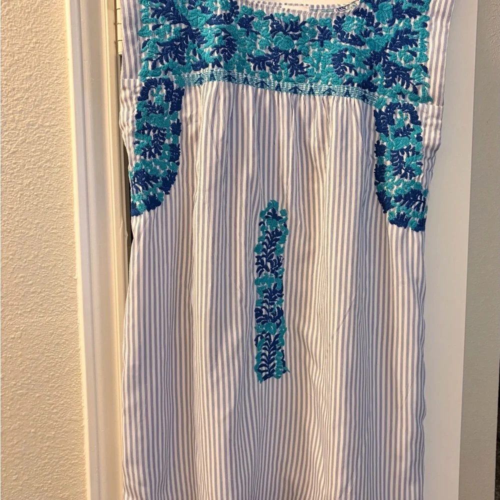 J. Marie Sleeveless Cotton Blue Stripe Mini Dress with Teal Floral Embroidery - Picture 3 of 6